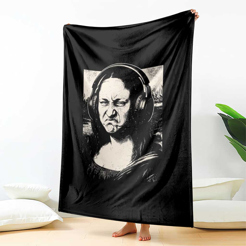 Funny Mona Lisa Wearing Headphones Bass Face Meme Throw Blanket Funny Classical Fine Art Parody Music Producer Graphic