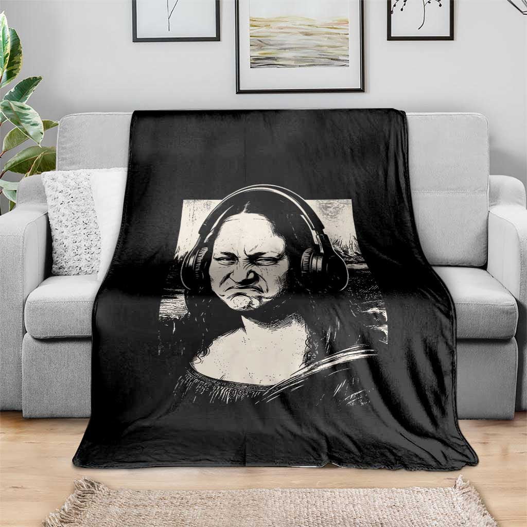 Funny Mona Lisa Wearing Headphones Bass Face Meme Throw Blanket Funny Classical Fine Art Parody Music Producer Graphic