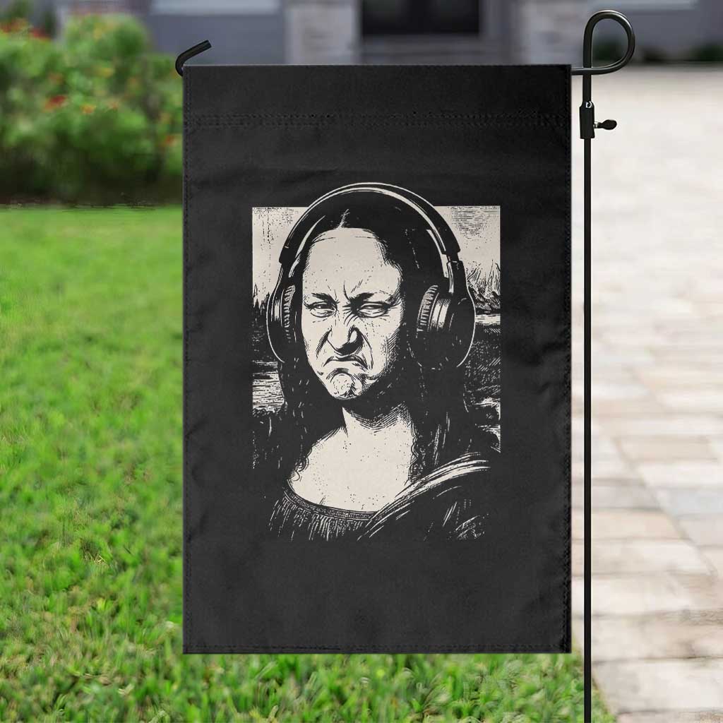 Funny Mona Lisa Wearing Headphones Bass Face Meme Garden Flag Funny Classical Fine Art Parody Music Producer Graphic