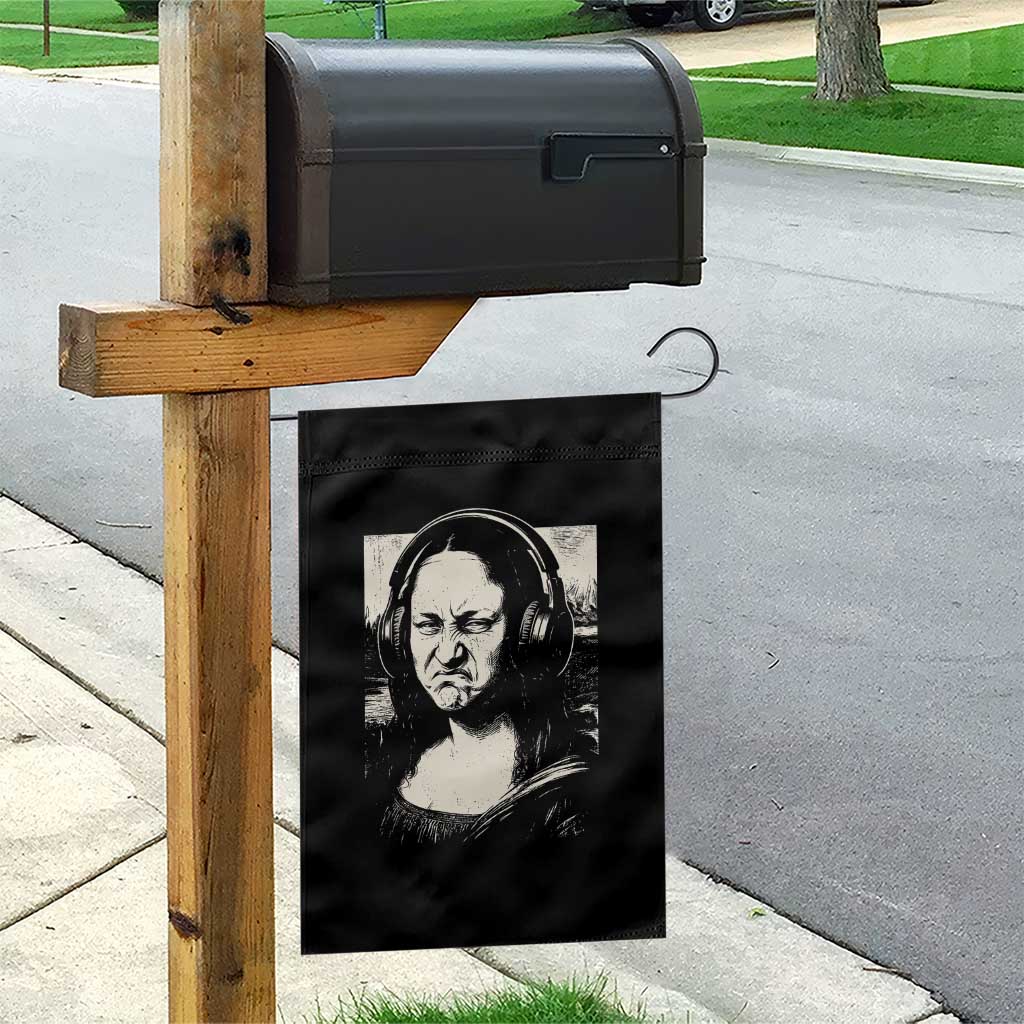 Funny Mona Lisa Wearing Headphones Bass Face Meme Garden Flag Funny Classical Fine Art Parody Music Producer Graphic