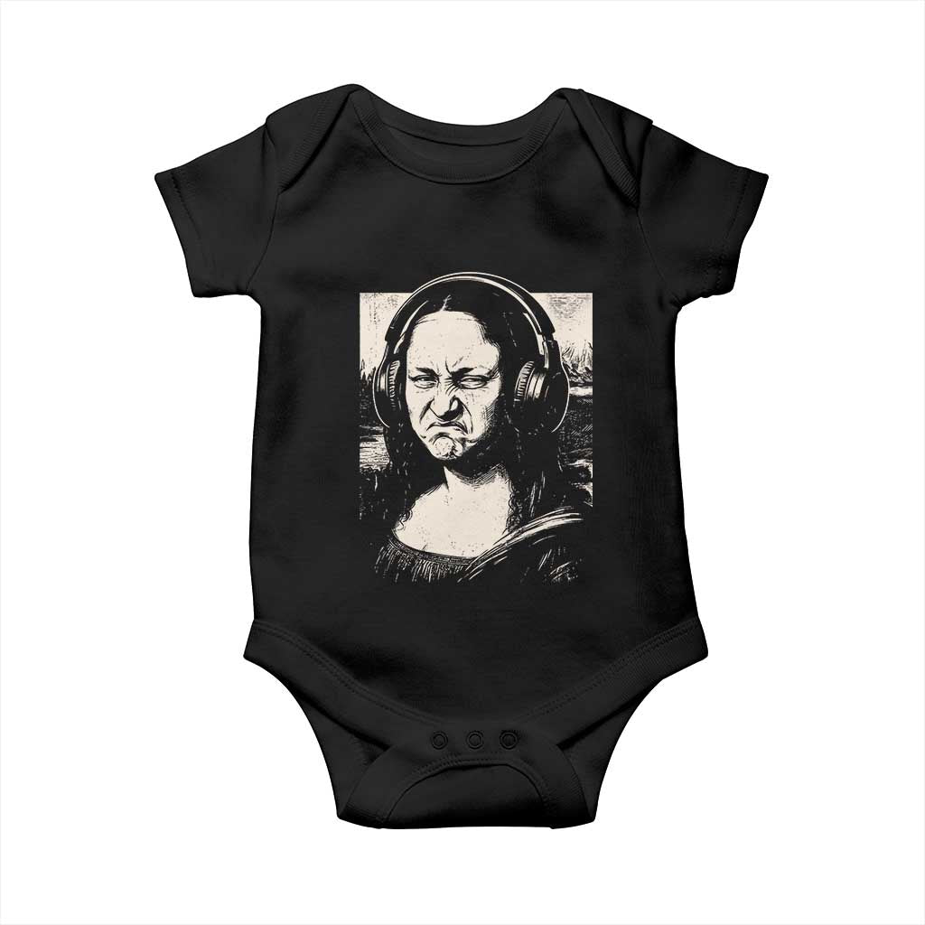 Funny Mona Lisa Wearing Headphones Bass Face Meme Baby Onesie Funny Classical Fine Art Parody Music Producer Graphic