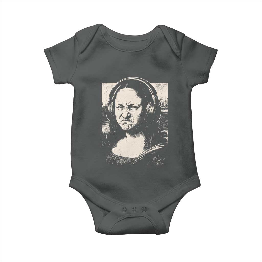 Funny Mona Lisa Wearing Headphones Bass Face Meme Baby Onesie Funny Classical Fine Art Parody Music Producer Graphic