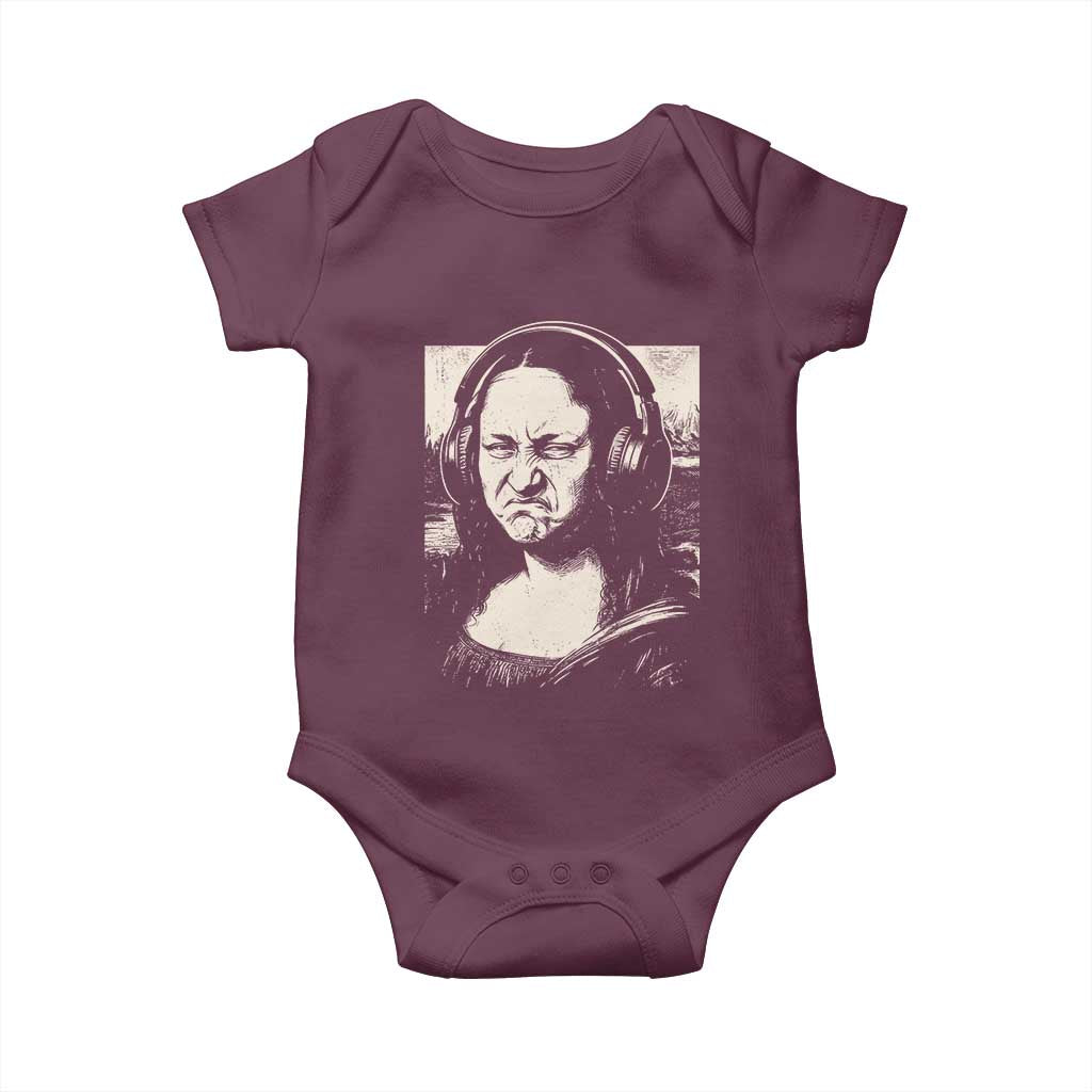 Funny Mona Lisa Wearing Headphones Bass Face Meme Baby Onesie Funny Classical Fine Art Parody Music Producer Graphic