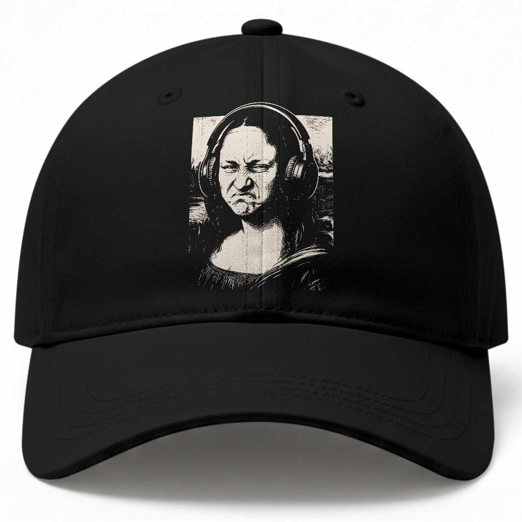 Funny Mona Lisa Wearing Headphones Bass Face Meme Baseball Cap Funny Classical Fine Art Parody Music Producer Graphic