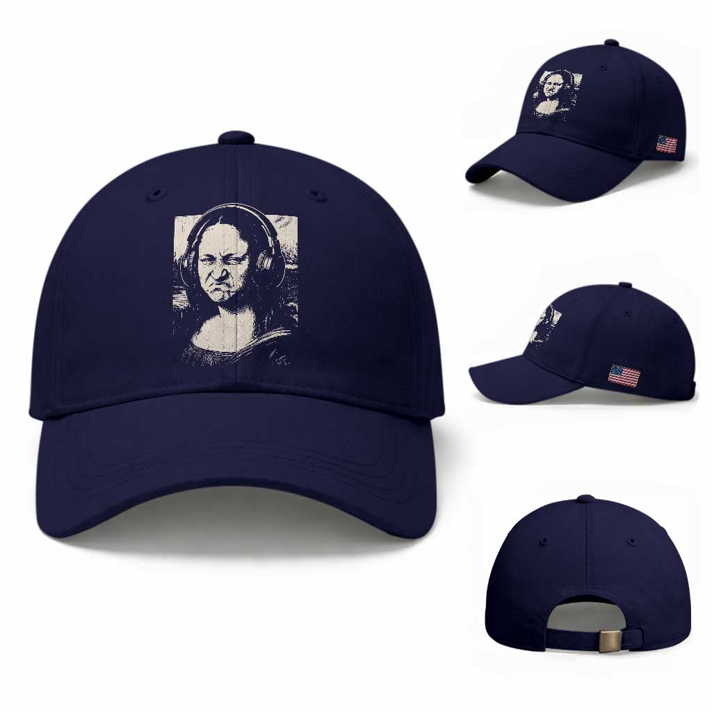 Funny Mona Lisa Wearing Headphones Bass Face Meme Baseball Cap Funny Classical Fine Art Parody Music Producer Graphic