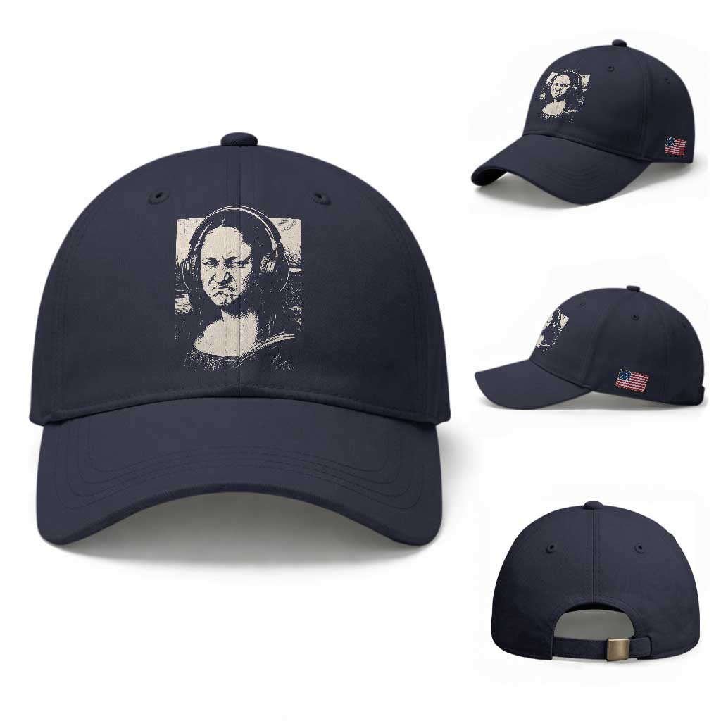 Funny Mona Lisa Wearing Headphones Bass Face Meme Baseball Cap Funny Classical Fine Art Parody Music Producer Graphic