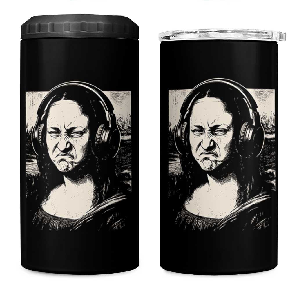 Funny Mona Lisa Wearing Headphones Bass Face Meme 4 in 1 Can Cooler Tumbler Funny Classical Fine Art Parody Music Producer Graphic