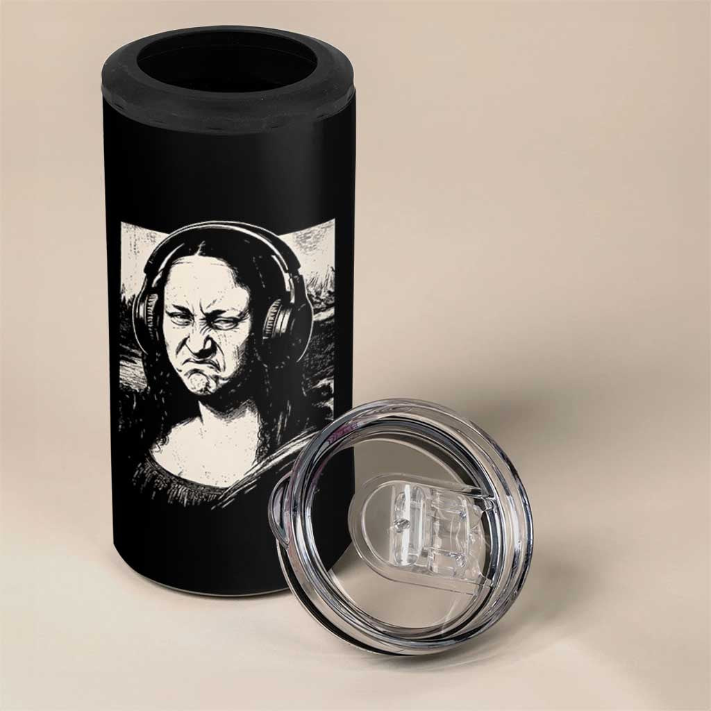 Funny Mona Lisa Wearing Headphones Bass Face Meme 4 in 1 Can Cooler Tumbler Funny Classical Fine Art Parody Music Producer Graphic