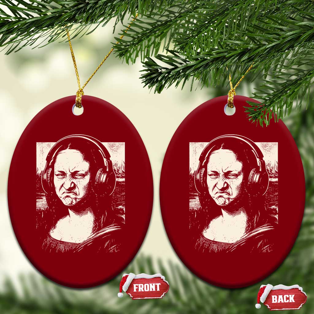 Funny Mona Lisa Wearing Headphones Bass Face Meme Ceramic Ornament Funny Classical Fine Art Parody Music Producer Graphic