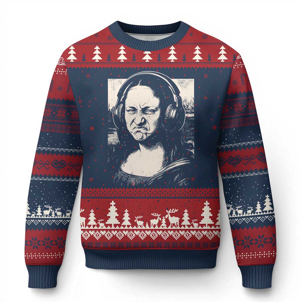 Funny Mona Lisa Wearing Headphones Bass Face Meme Ugly Christmas Sweater Funny Classical Fine Art Parody Music Producer Graphic