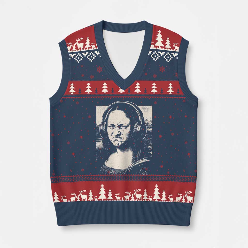 Funny Mona Lisa Wearing Headphones Bass Face Meme V-Neck Knit Sweater Vest Funny Classical Fine Art Parody Music Producer Graphic
