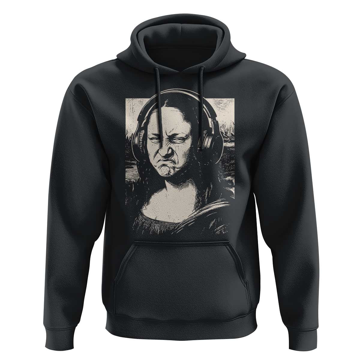 Funny Mona Lisa Wearing Headphones Bass Face Meme Hoodie Funny Classical Fine Art Parody Music Producer Graphic