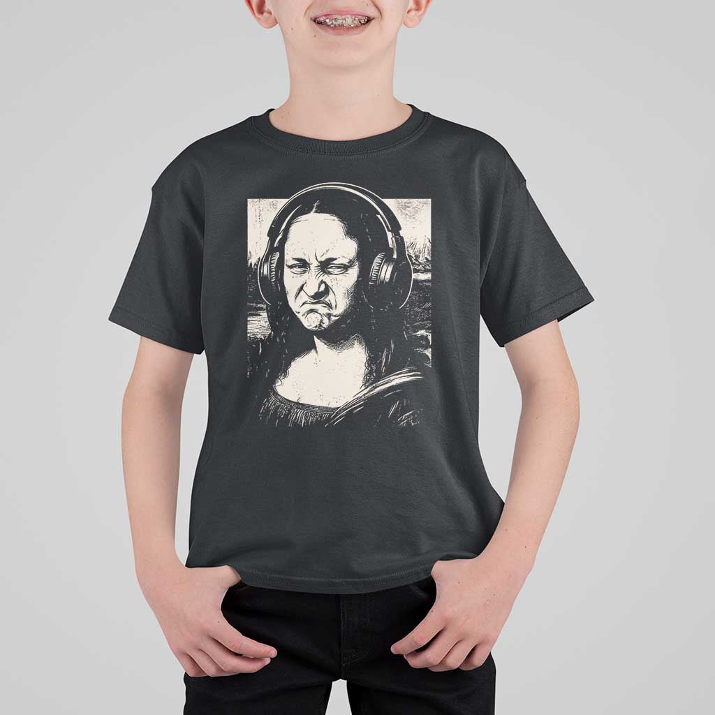 Funny Mona Lisa Wearing Headphones Bass Face Meme T Shirt For Kid Funny Classical Fine Art Parody Music Producer Graphic