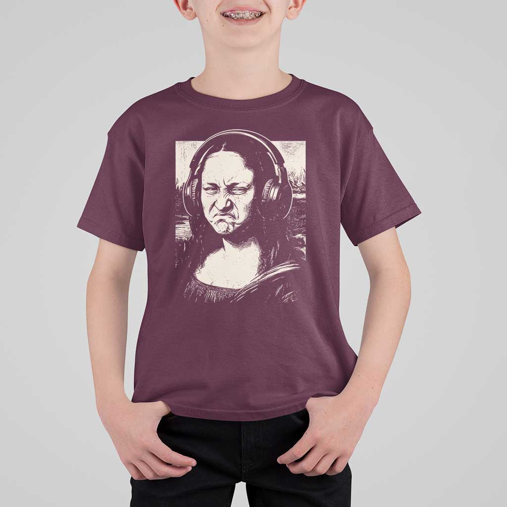 Funny Mona Lisa Wearing Headphones Bass Face Meme T Shirt For Kid Funny Classical Fine Art Parody Music Producer Graphic