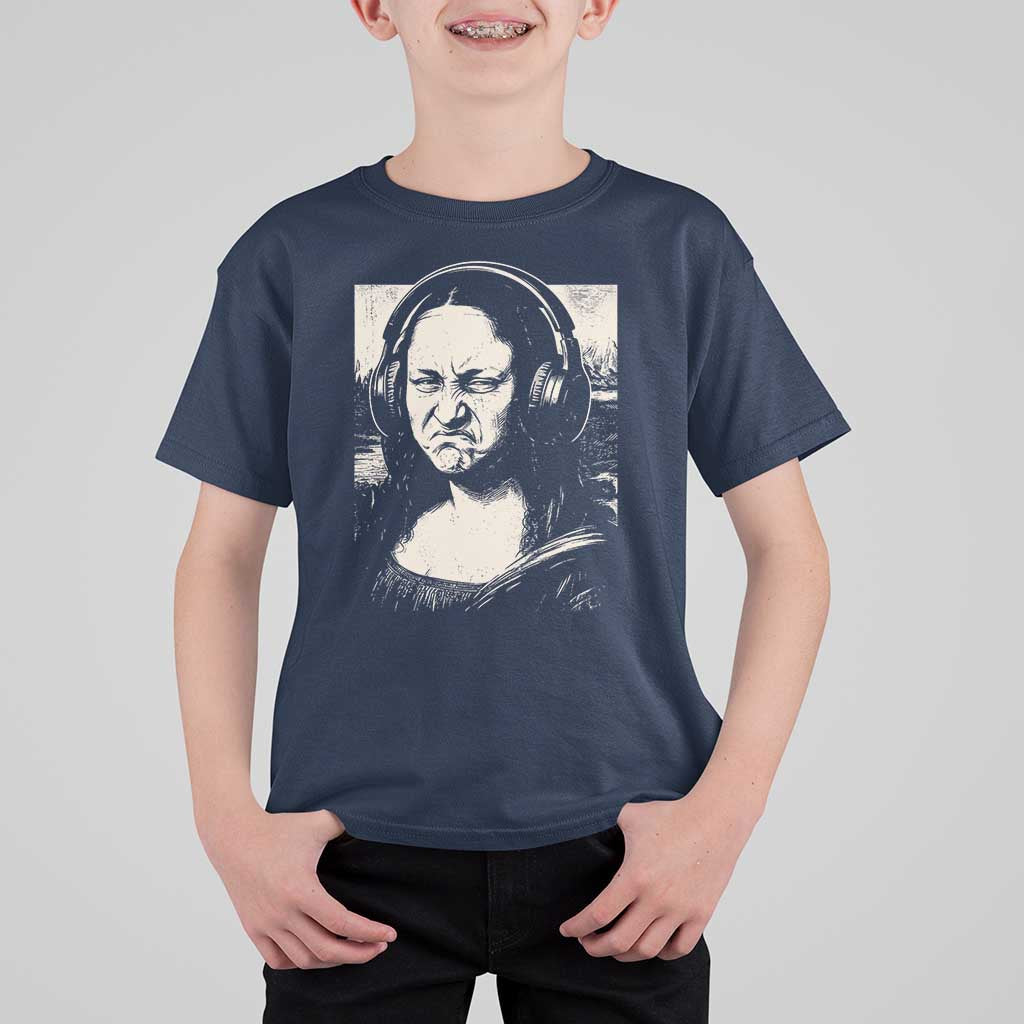 Funny Mona Lisa Wearing Headphones Bass Face Meme T Shirt For Kid Funny Classical Fine Art Parody Music Producer Graphic