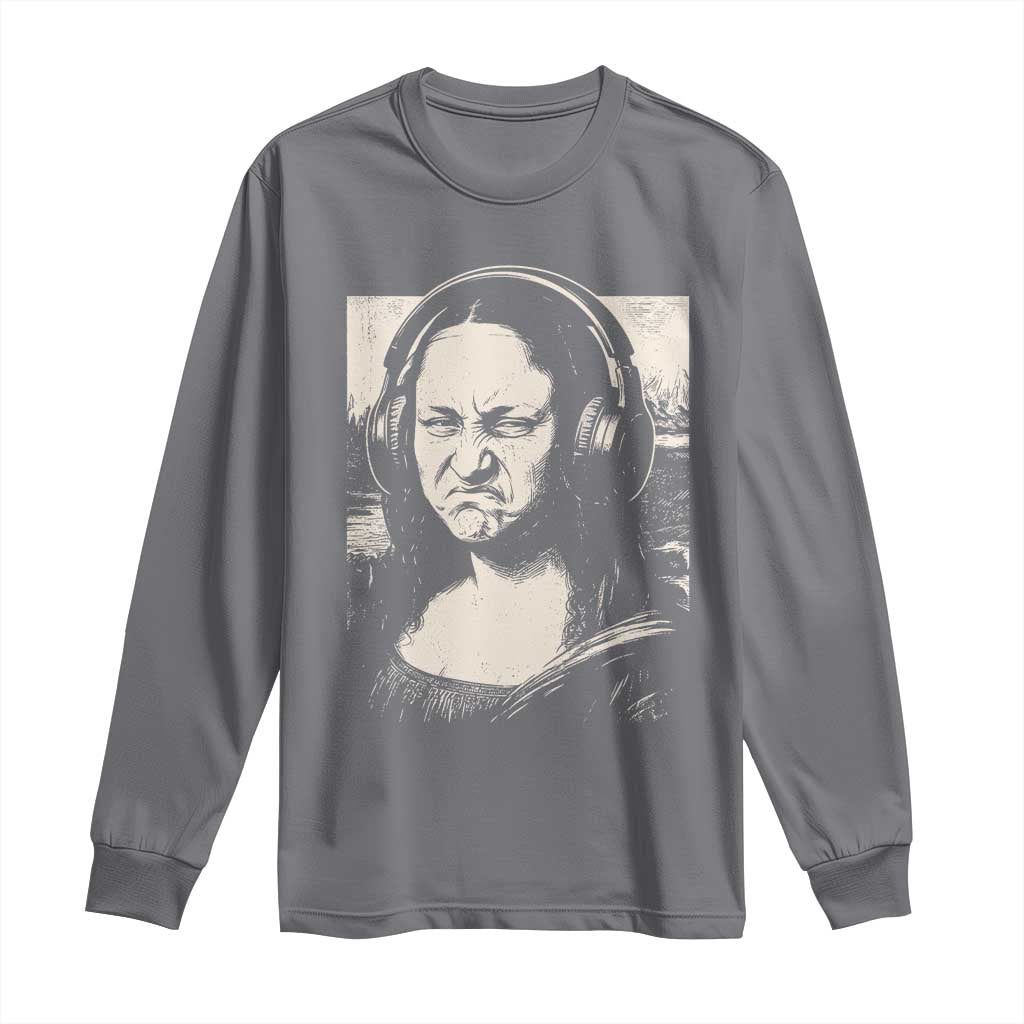 Funny Mona Lisa Wearing Headphones Bass Face Meme Long Sleeve Shirt Funny Classical Fine Art Parody Music Producer Graphic