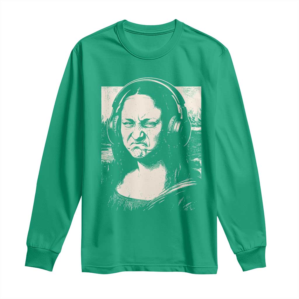 Funny Mona Lisa Wearing Headphones Bass Face Meme Long Sleeve Shirt Funny Classical Fine Art Parody Music Producer Graphic