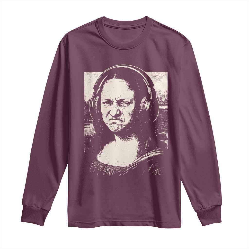 Funny Mona Lisa Wearing Headphones Bass Face Meme Long Sleeve Shirt Funny Classical Fine Art Parody Music Producer Graphic