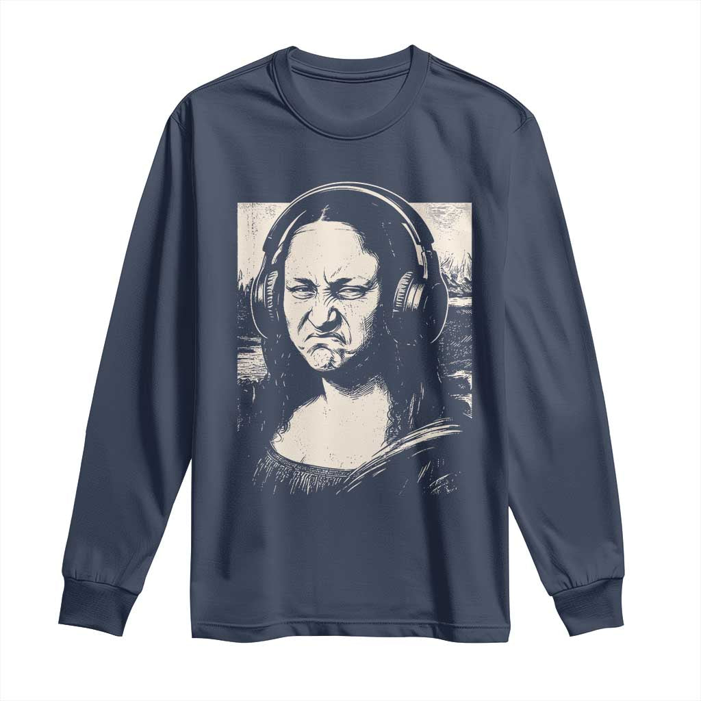 Funny Mona Lisa Wearing Headphones Bass Face Meme Long Sleeve Shirt Funny Classical Fine Art Parody Music Producer Graphic