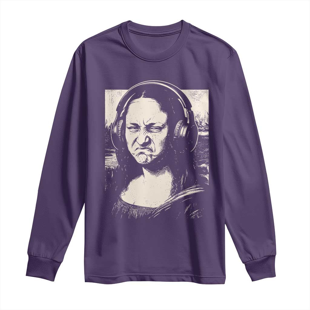 Funny Mona Lisa Wearing Headphones Bass Face Meme Long Sleeve Shirt Funny Classical Fine Art Parody Music Producer Graphic
