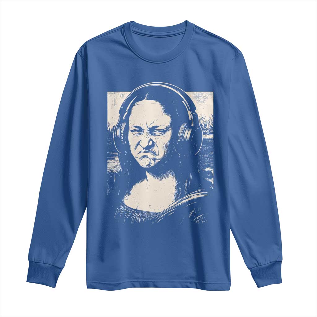 Funny Mona Lisa Wearing Headphones Bass Face Meme Long Sleeve Shirt Funny Classical Fine Art Parody Music Producer Graphic