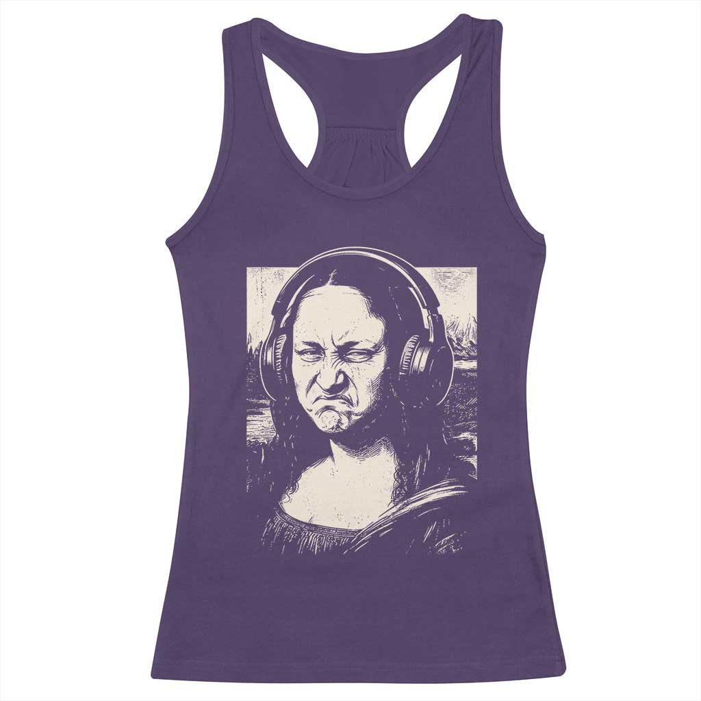 Funny Mona Lisa Wearing Headphones Bass Face Meme Racerback Tank Top Funny Classical Fine Art Parody Music Producer Graphic