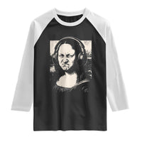Funny Mona Lisa Wearing Headphones Bass Face Meme Raglan Shirt Funny Classical Fine Art Parody Music Producer Graphic