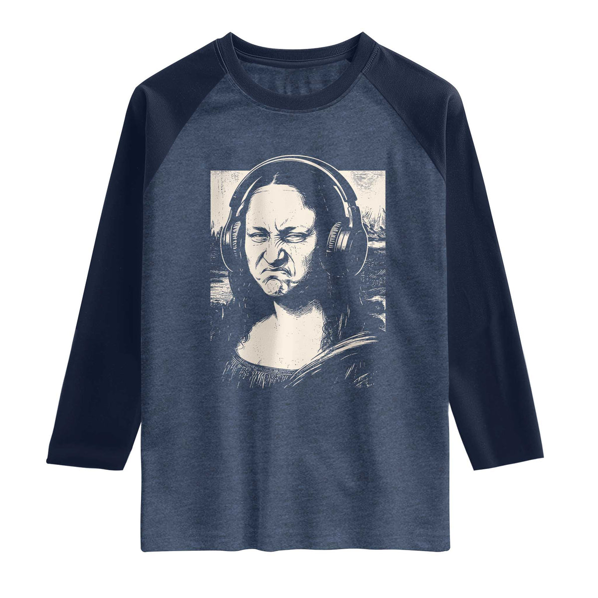 Funny Mona Lisa Wearing Headphones Bass Face Meme Raglan Shirt Funny Classical Fine Art Parody Music Producer Graphic