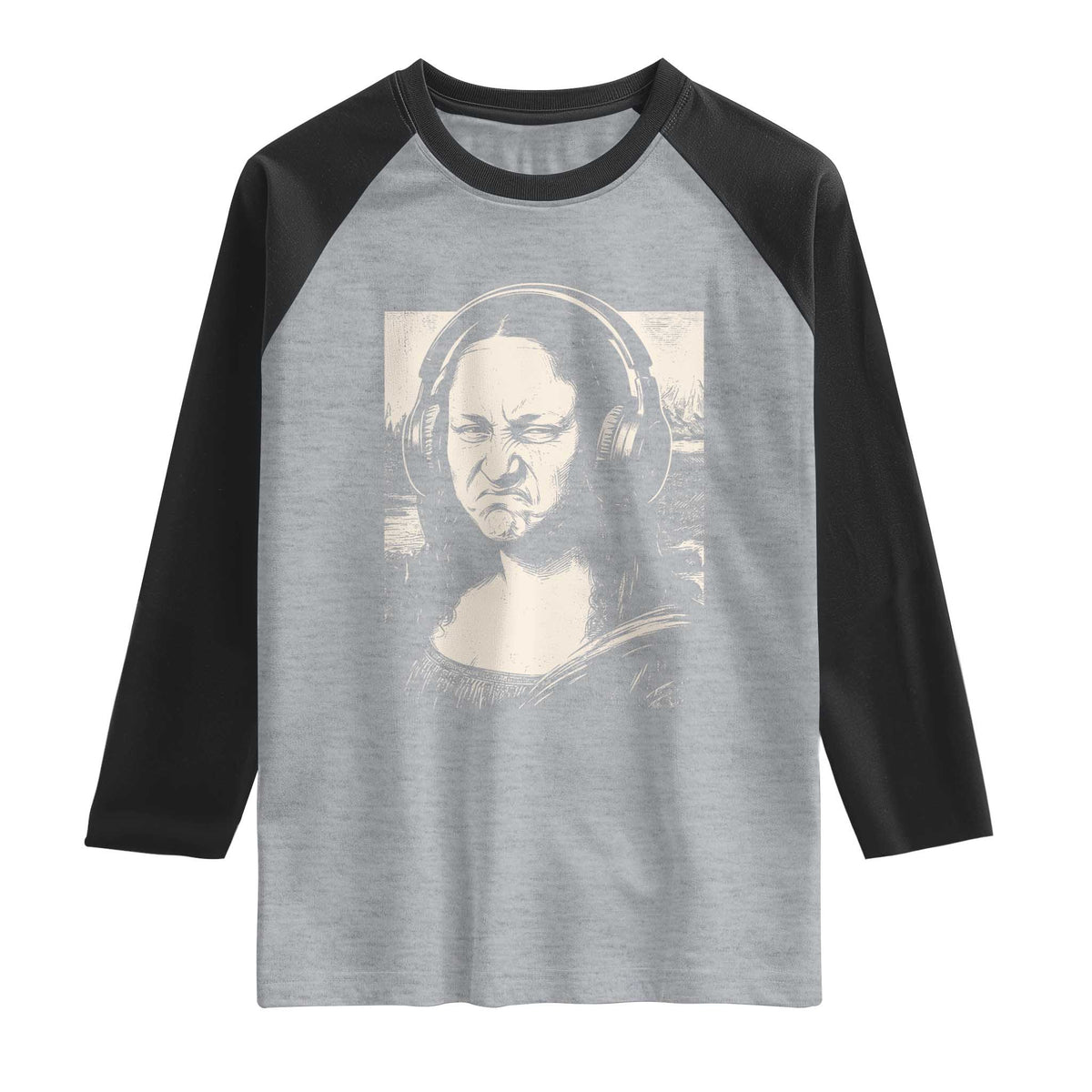 Funny Mona Lisa Wearing Headphones Bass Face Meme Raglan Shirt Funny Classical Fine Art Parody Music Producer Graphic