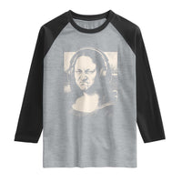 Funny Mona Lisa Wearing Headphones Bass Face Meme Raglan Shirt Funny Classical Fine Art Parody Music Producer Graphic