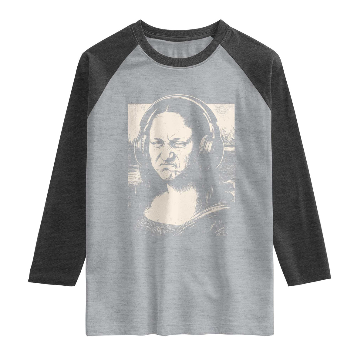 Funny Mona Lisa Wearing Headphones Bass Face Meme Raglan Shirt Funny Classical Fine Art Parody Music Producer Graphic