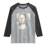 Funny Mona Lisa Wearing Headphones Bass Face Meme Raglan Shirt Funny Classical Fine Art Parody Music Producer Graphic