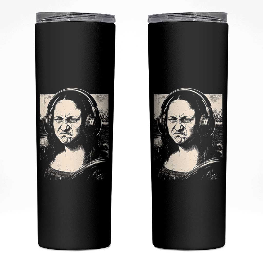 Funny Mona Lisa Wearing Headphones Bass Face Meme Skinny Tumbler Funny Classical Fine Art Parody Music Producer Graphic