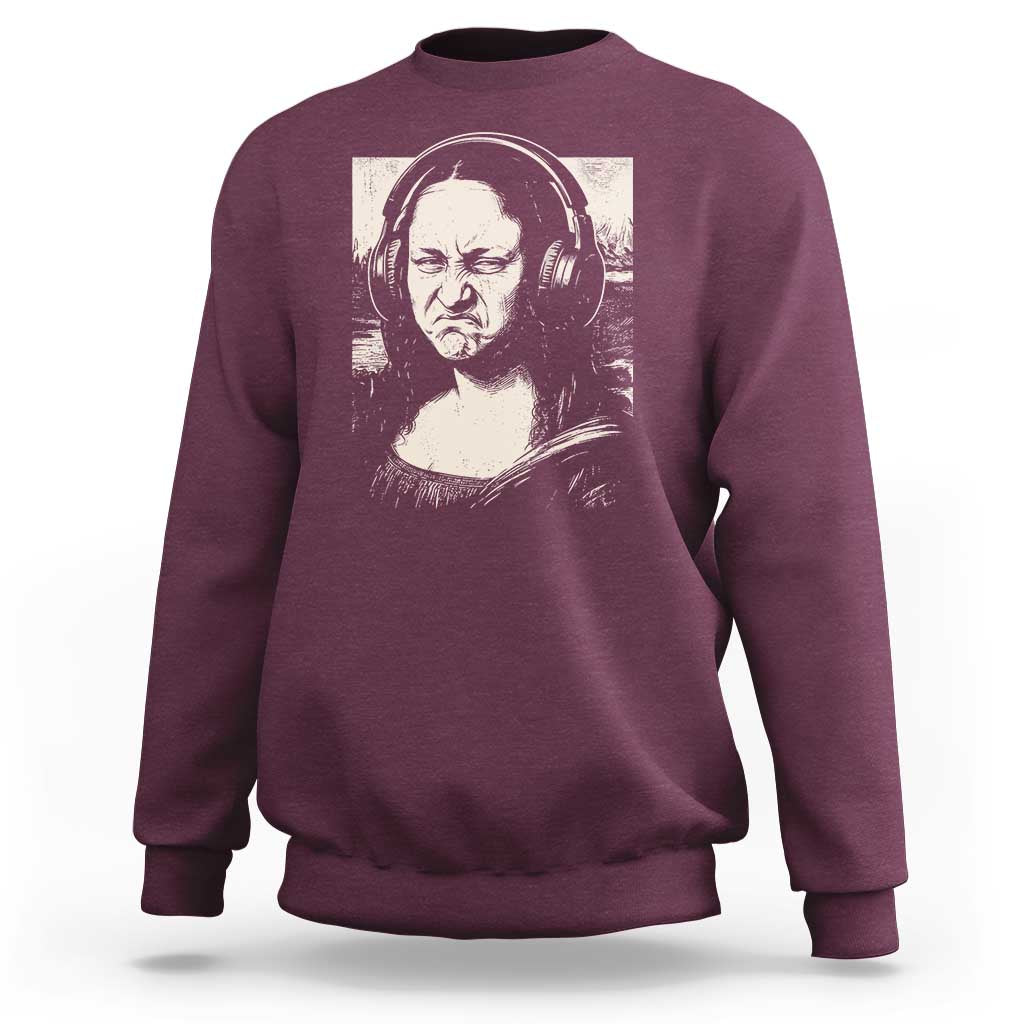 Funny Mona Lisa Wearing Headphones Bass Face Meme Sweatshirt Funny Classical Fine Art Parody Music Producer Graphic