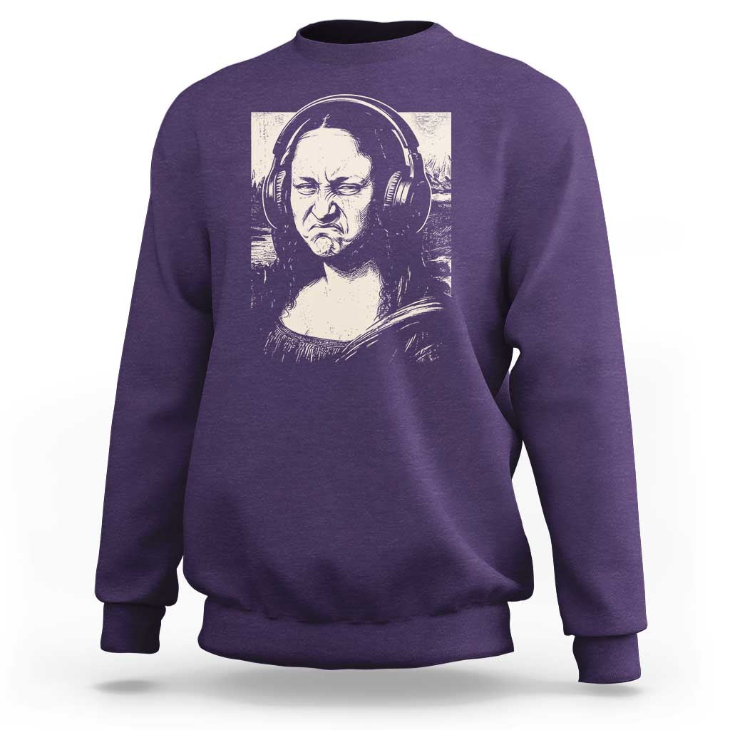 Funny Mona Lisa Wearing Headphones Bass Face Meme Sweatshirt Funny Classical Fine Art Parody Music Producer Graphic