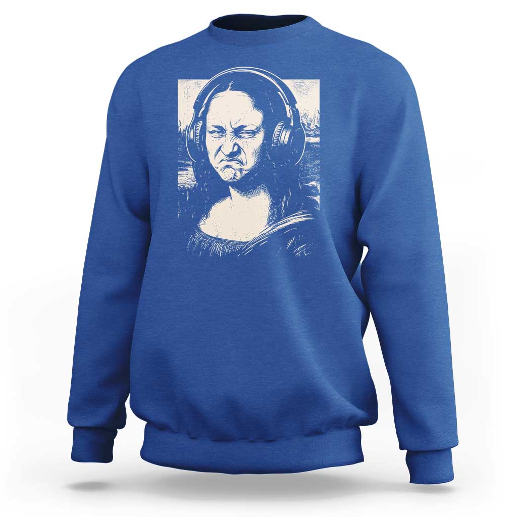 Funny Mona Lisa Wearing Headphones Bass Face Meme Sweatshirt Funny Classical Fine Art Parody Music Producer Graphic