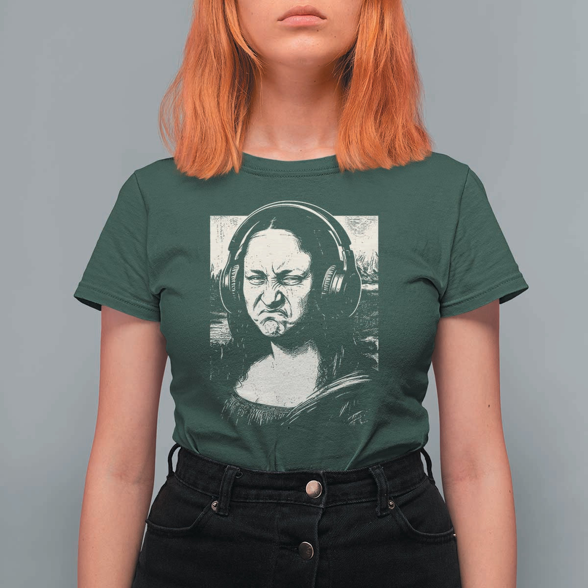 Funny Mona Lisa Wearing Headphones Bass Face Meme T Shirt For Women Funny Classical Fine Art Parody Music Producer Graphic