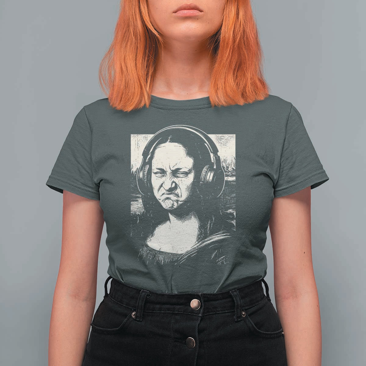 Funny Mona Lisa Wearing Headphones Bass Face Meme T Shirt For Women Funny Classical Fine Art Parody Music Producer Graphic
