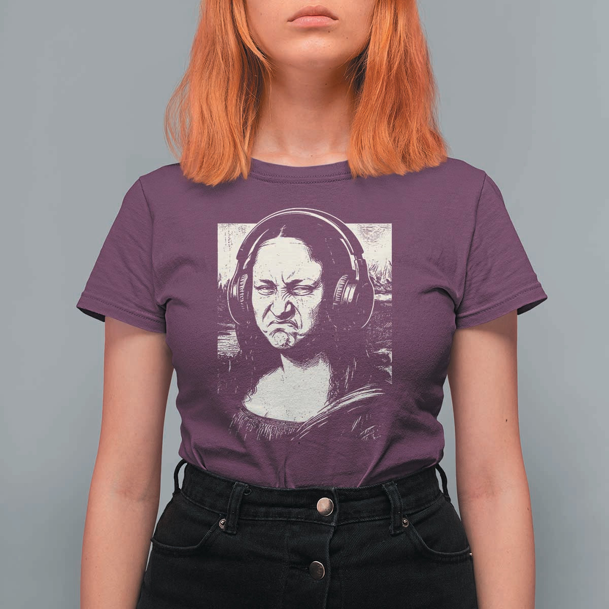 Funny Mona Lisa Wearing Headphones Bass Face Meme T Shirt For Women Funny Classical Fine Art Parody Music Producer Graphic