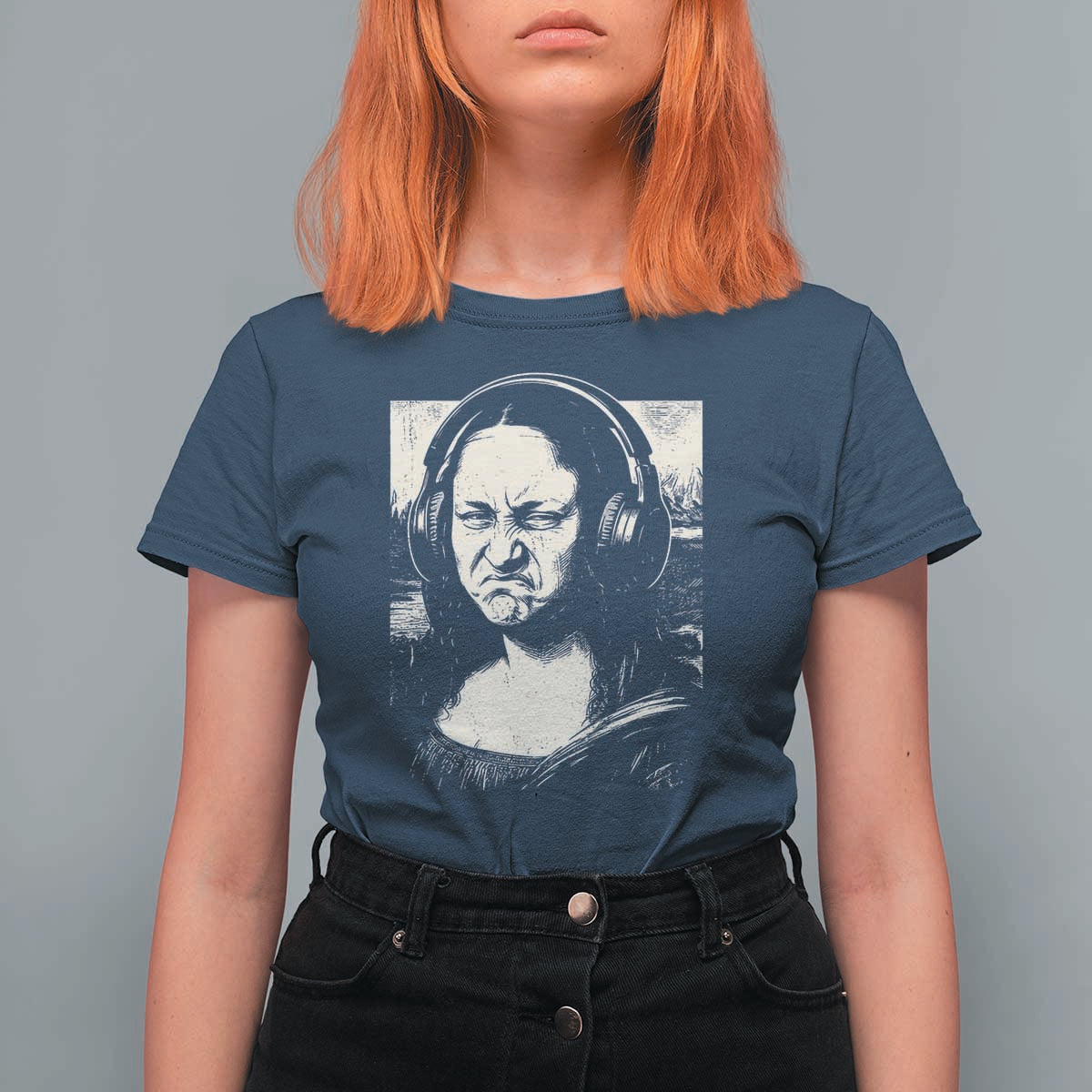 Funny Mona Lisa Wearing Headphones Bass Face Meme T Shirt For Women Funny Classical Fine Art Parody Music Producer Graphic