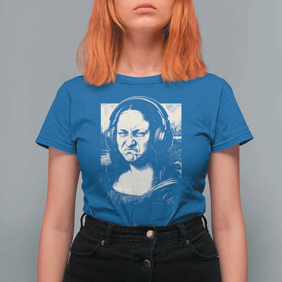 Funny Mona Lisa Wearing Headphones Bass Face Meme T Shirt For Women Funny Classical Fine Art Parody Music Producer Graphic