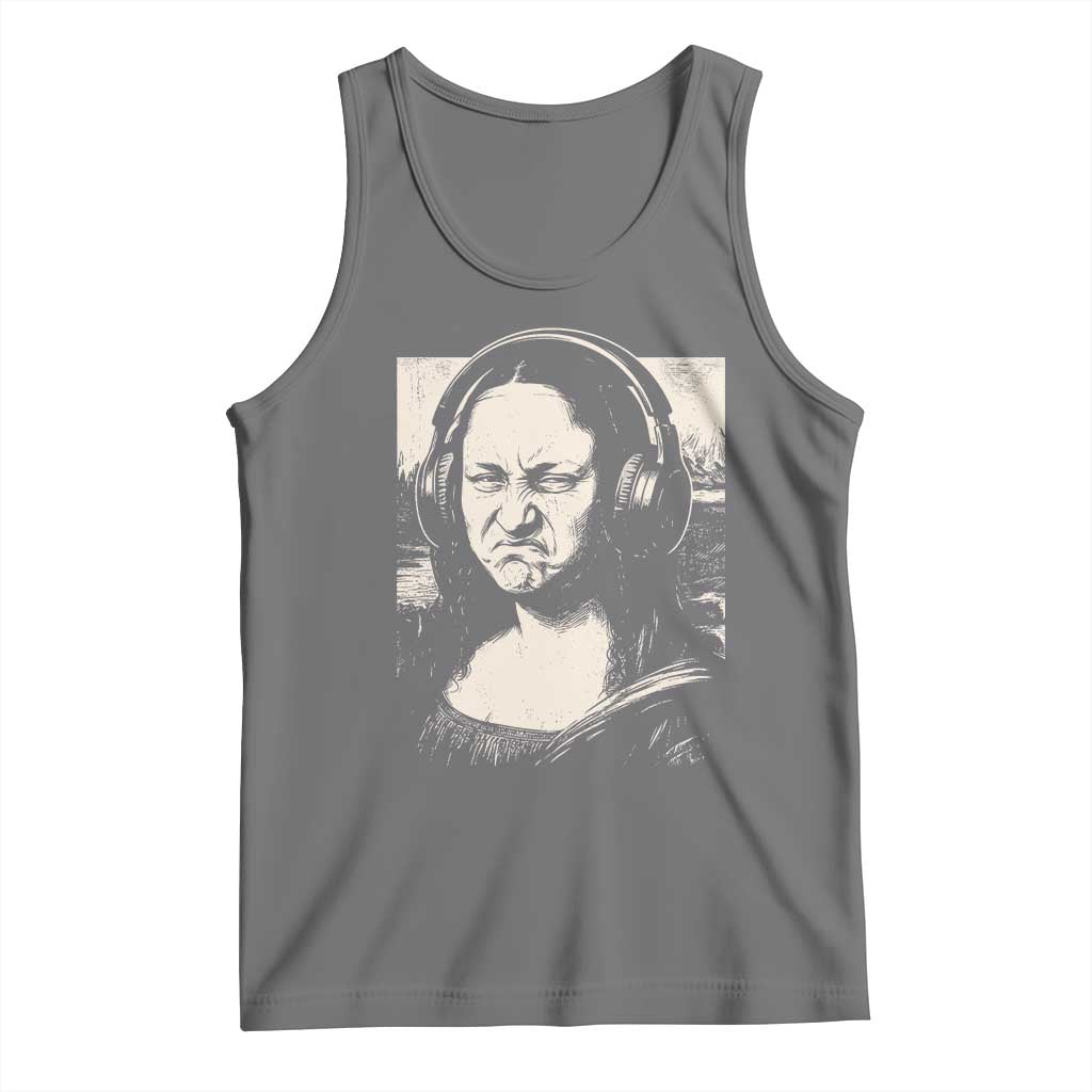 Funny Mona Lisa Wearing Headphones Bass Face Meme Tank Top Funny Classical Fine Art Parody Music Producer Graphic