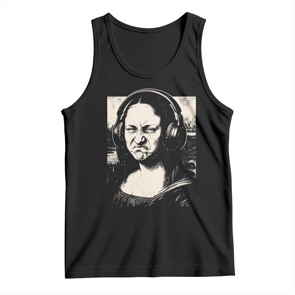 Funny Mona Lisa Wearing Headphones Bass Face Meme Tank Top Funny Classical Fine Art Parody Music Producer Graphic