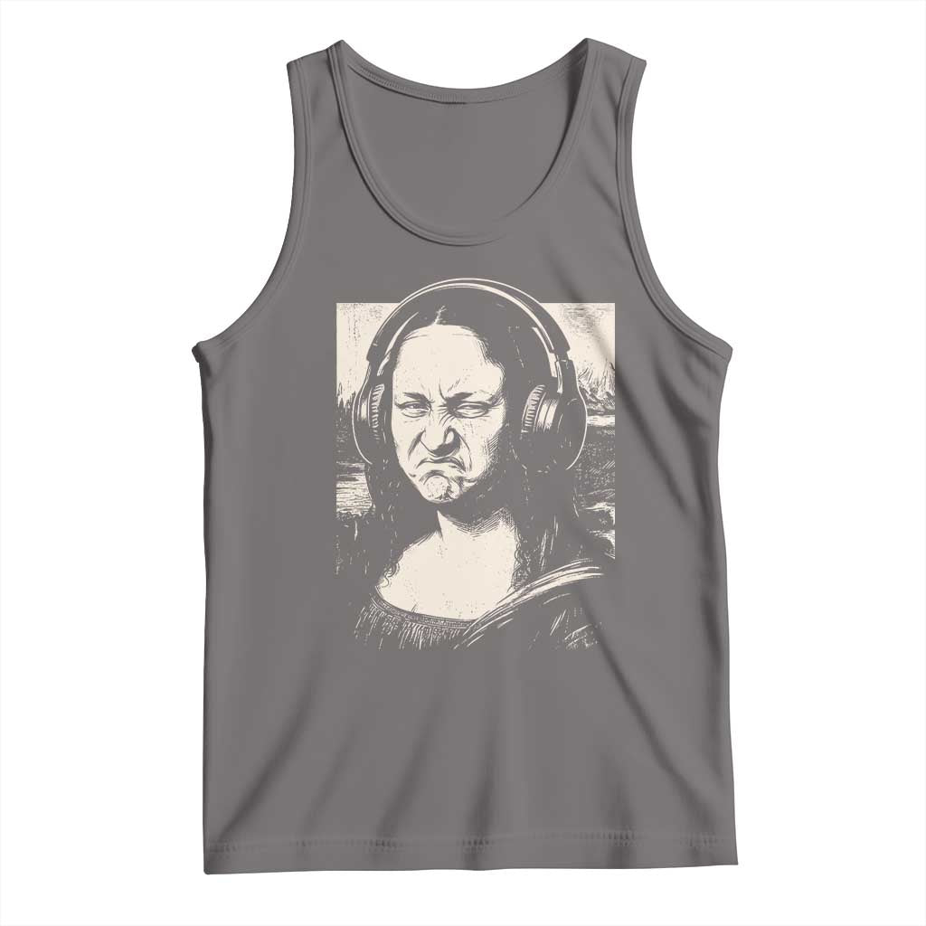 Funny Mona Lisa Wearing Headphones Bass Face Meme Tank Top Funny Classical Fine Art Parody Music Producer Graphic