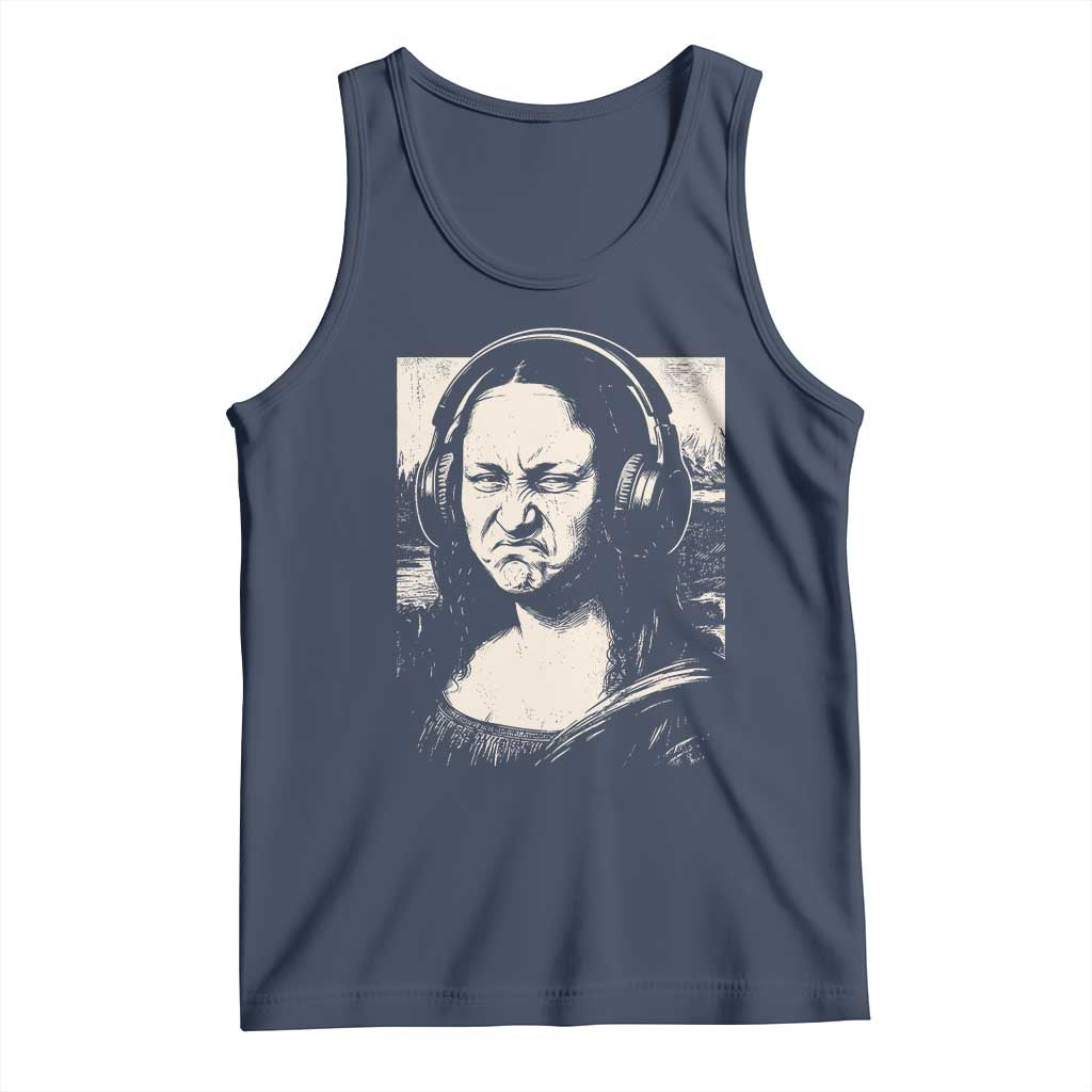 Funny Mona Lisa Wearing Headphones Bass Face Meme Tank Top Funny Classical Fine Art Parody Music Producer Graphic