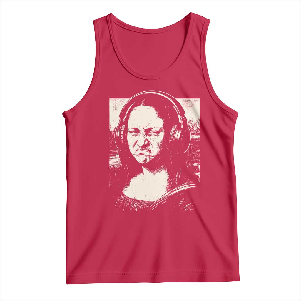 Funny Mona Lisa Wearing Headphones Bass Face Meme Tank Top Funny Classical Fine Art Parody Music Producer Graphic