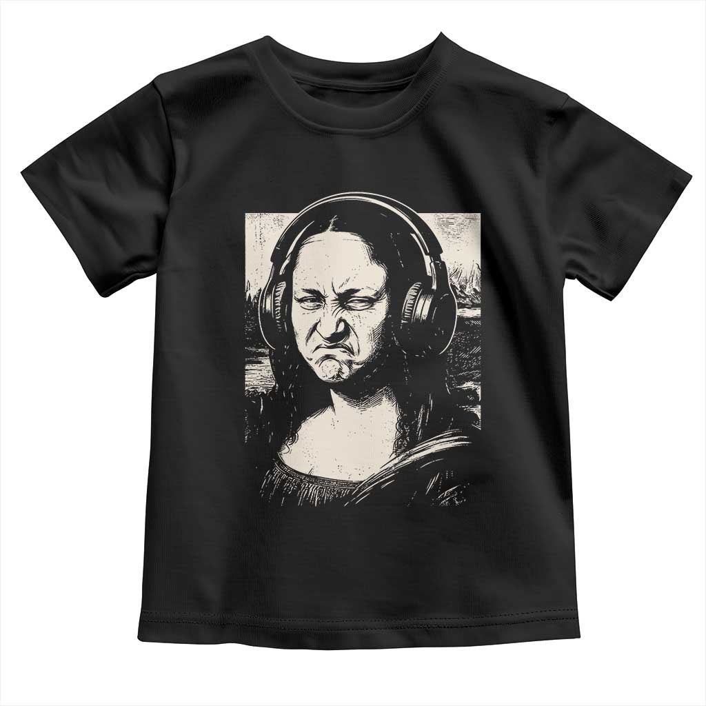 Funny Mona Lisa Wearing Headphones Bass Face Meme Toddler T Shirt Funny Classical Fine Art Parody Music Producer Graphic