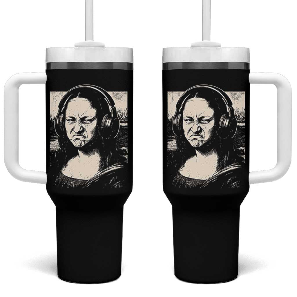 Funny Mona Lisa Wearing Headphones Bass Face Meme Tumbler With Handle Funny Classical Fine Art Parody Music Producer Graphic