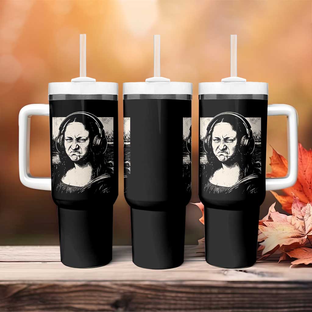 Funny Mona Lisa Wearing Headphones Bass Face Meme Tumbler With Handle Funny Classical Fine Art Parody Music Producer Graphic