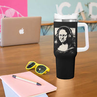 Funny Mona Lisa Wearing Headphones Bass Face Meme Tumbler With Handle Funny Classical Fine Art Parody Music Producer Graphic